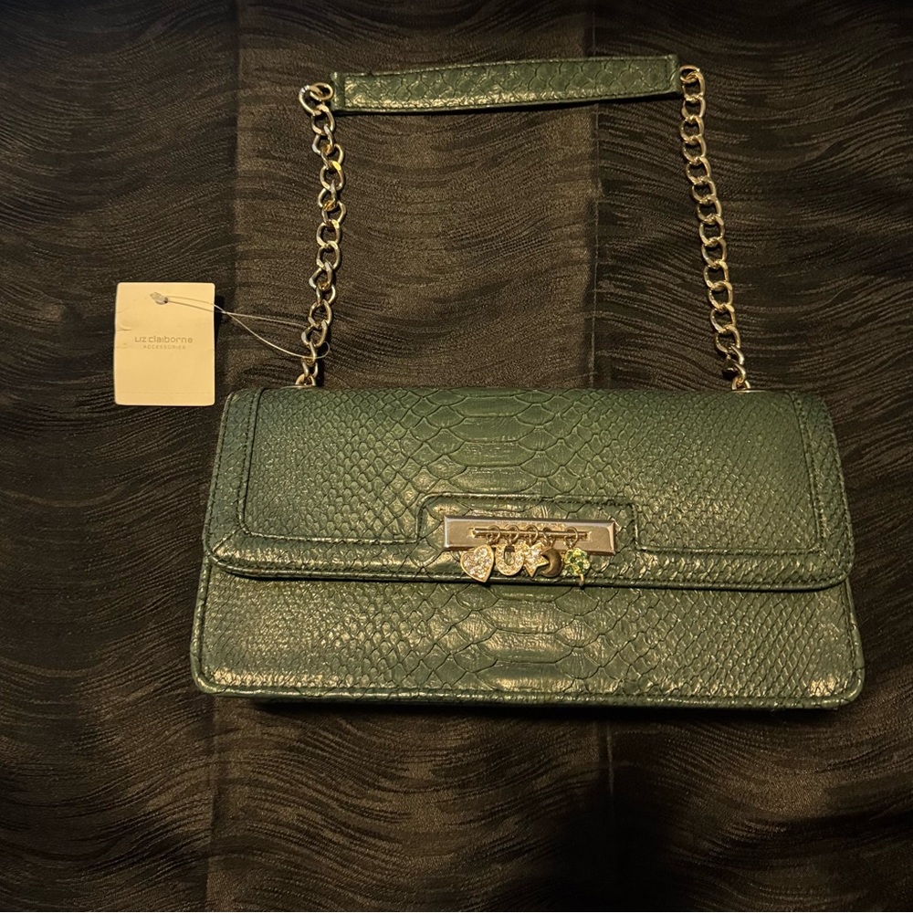 NWT Liz Claiborn Green Crocodile Embossed Women's Bag With Charms